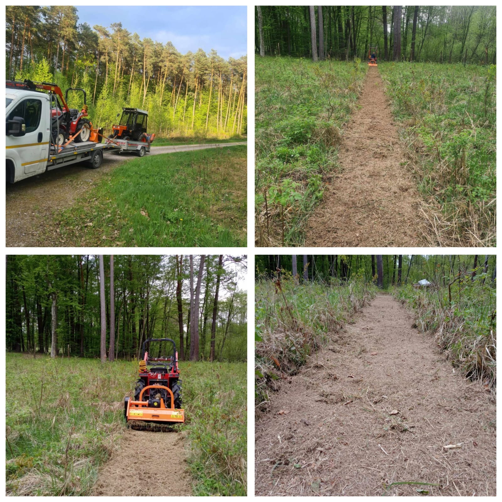 Cztery ujęcia z prac w lesie: transport traktora na lawecie, widok z perspektywy operatora traktora mulczującego pas terenu, widok ścieżki po mulczowaniu, traktor mulczujący w lesie.