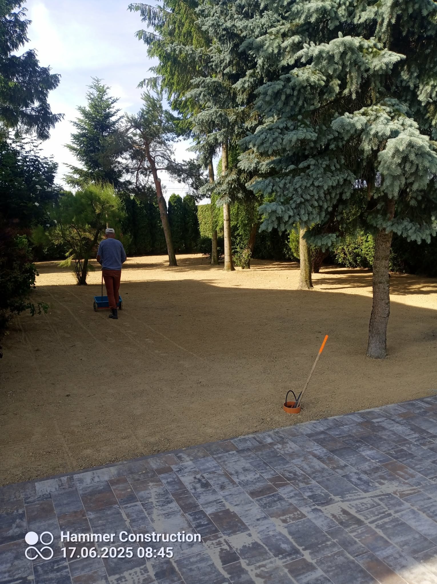 Człowiek z siewnikiem na piaskowym podłożu, przygotowanym pod trawnik. W tle drzewa iglaste i liściaste. W rogu widoczny fragment kostki brukowej.