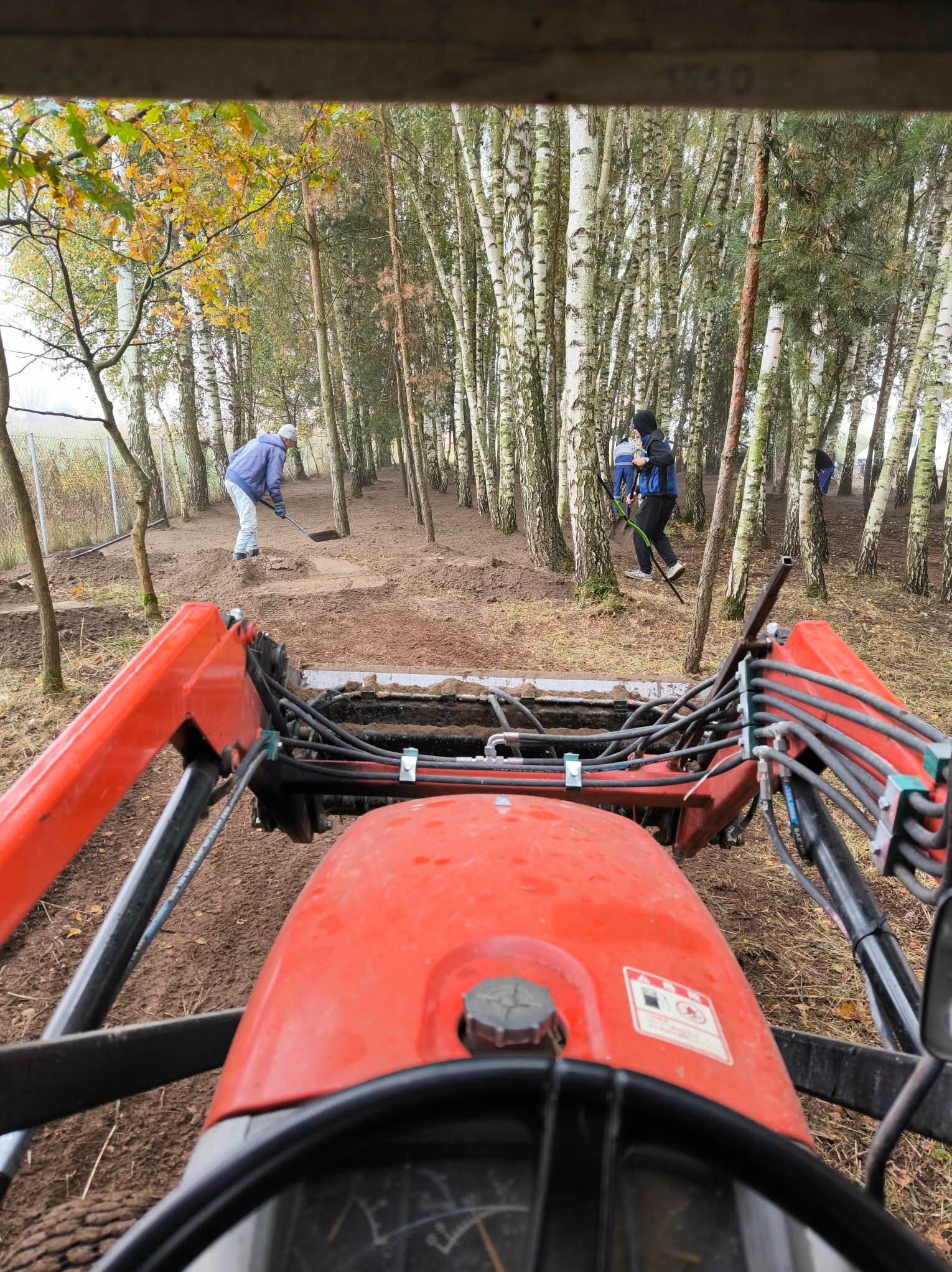 Widok z kabiny traktora na dwóch mężczyzn wyrównujących teren pod sadzenie drzew w lesie brzozowym. Prace ziemne w toku, widoczne narzędzia i przygotowany teren.