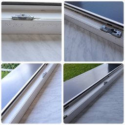 Angelika Liszka Rudy czyścik - Cztery ujęcia fragmentów białej ramy okiennej z widocznymi zabrudzeniami, pleśnią oraz uszkodzeniami mechanicznymi, prezentujące stan przed czyszczeniem.