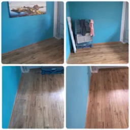 Cztery kadry: pokój z turkusowymi ścianami i panelami podłogowymi, widok przed i po czyszczeniu podłogi, suszarka na ubrania w rogu, obraz z górskim krajobrazem na ścianie.