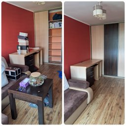 Angelika Liszka Rudy czyścik - Porównanie pokoju przed i po: bałagan z pudełkami i kosmetyczką kontra uporządkowana przestrzeń z czystą podłogą i zamkniętą szafą.