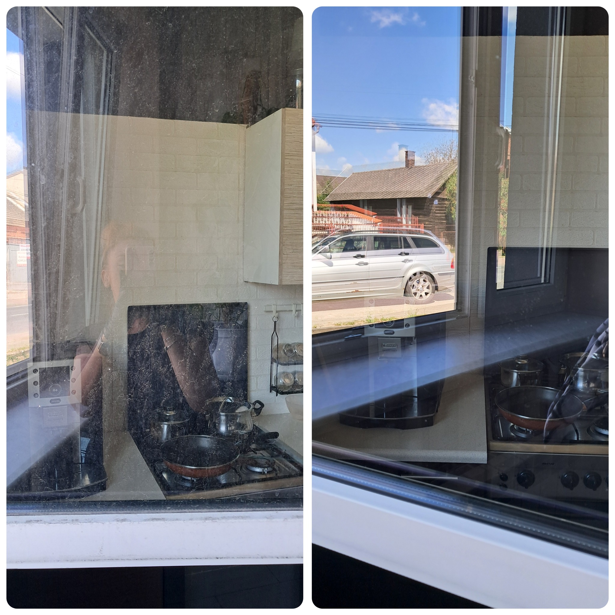 Porównanie: brudne okno kuchenne z widocznym garnkiem na kuchence gazowej i czyste okno kuchenne z odbiciem samochodu i domu na zewnątrz.