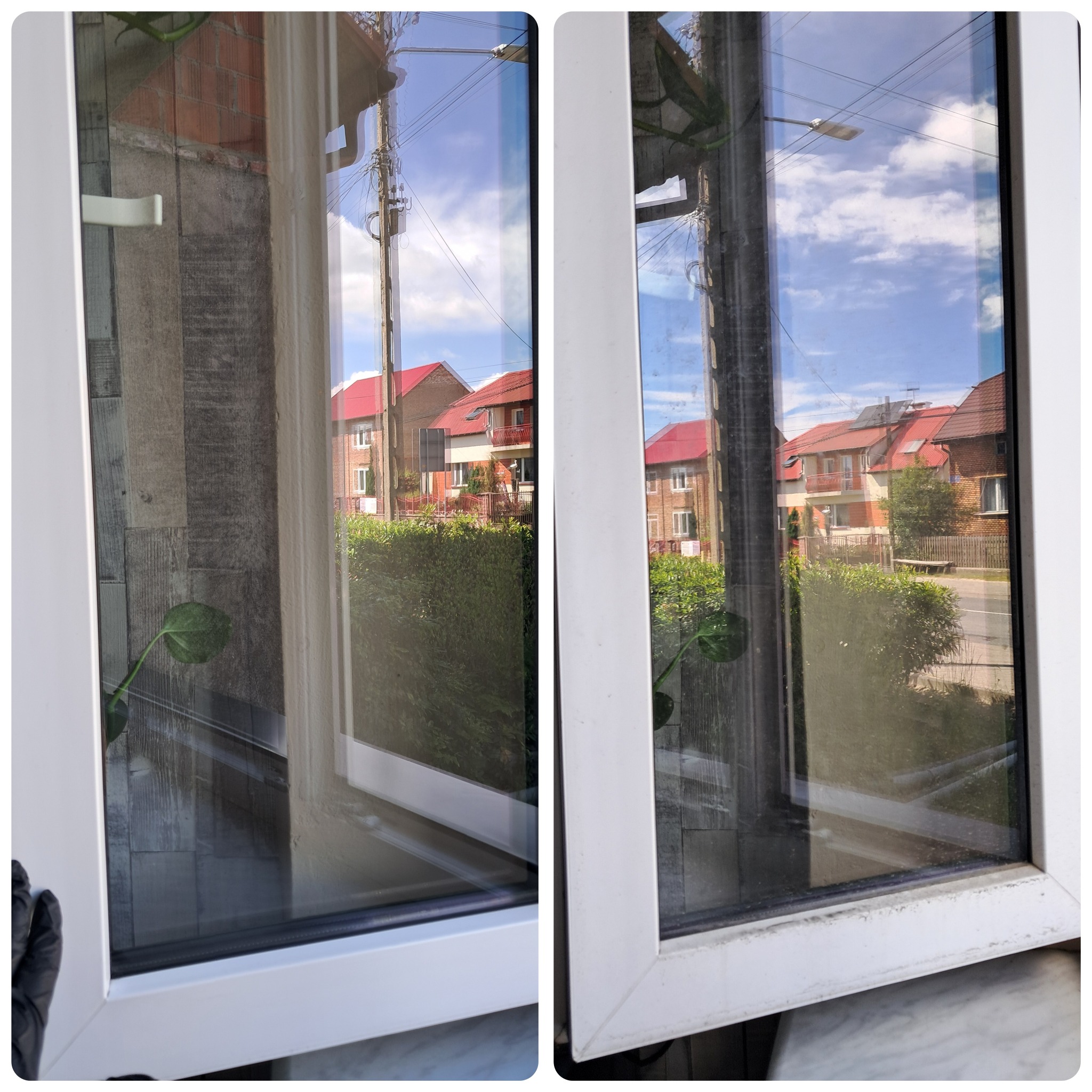 Porównanie okna przed i po umyciu w Koziegłowach, widoczne zabrudzenia na ramie okiennej po prawej stronie oraz czysta szyba odbijająca budynki i niebo po lewej, ręka w czarnej rękawicy w lewym...