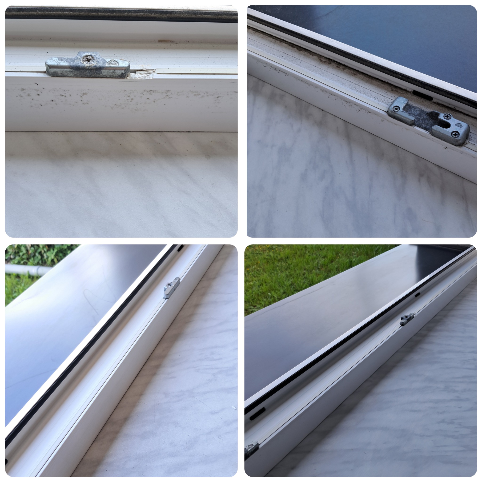 Cztery ujęcia fragmentów białej ramy okiennej z widocznymi zabrudzeniami, pleśnią oraz uszkodzeniami mechanicznymi, prezentujące stan przed czyszczeniem.