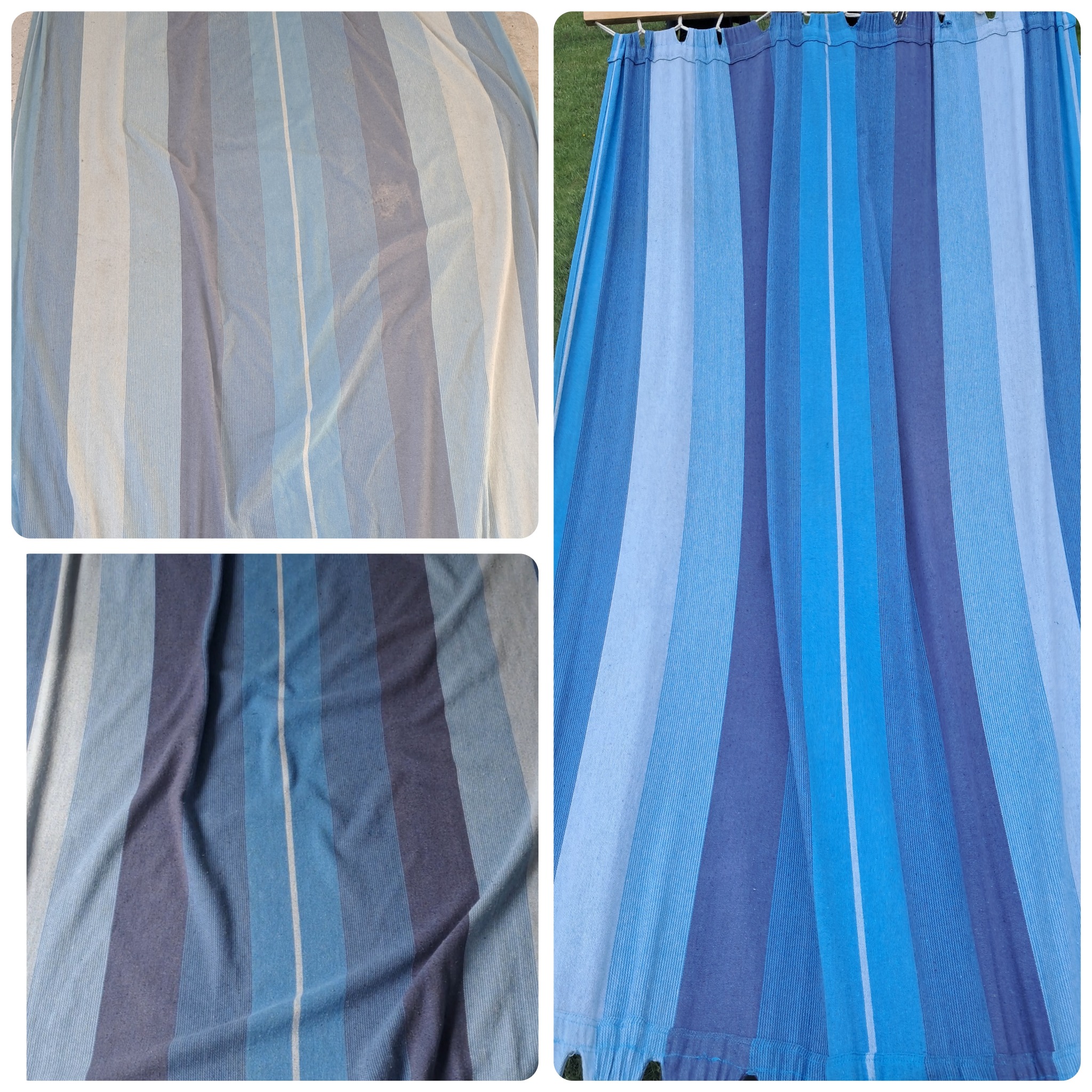 Kolaż przedstawiający trzy ujęcia niebieskiego materiału w paski. Ujęcia pokazują materiał przed i po praniu, z widocznymi różnicami w czystości i intensywności kolorów.