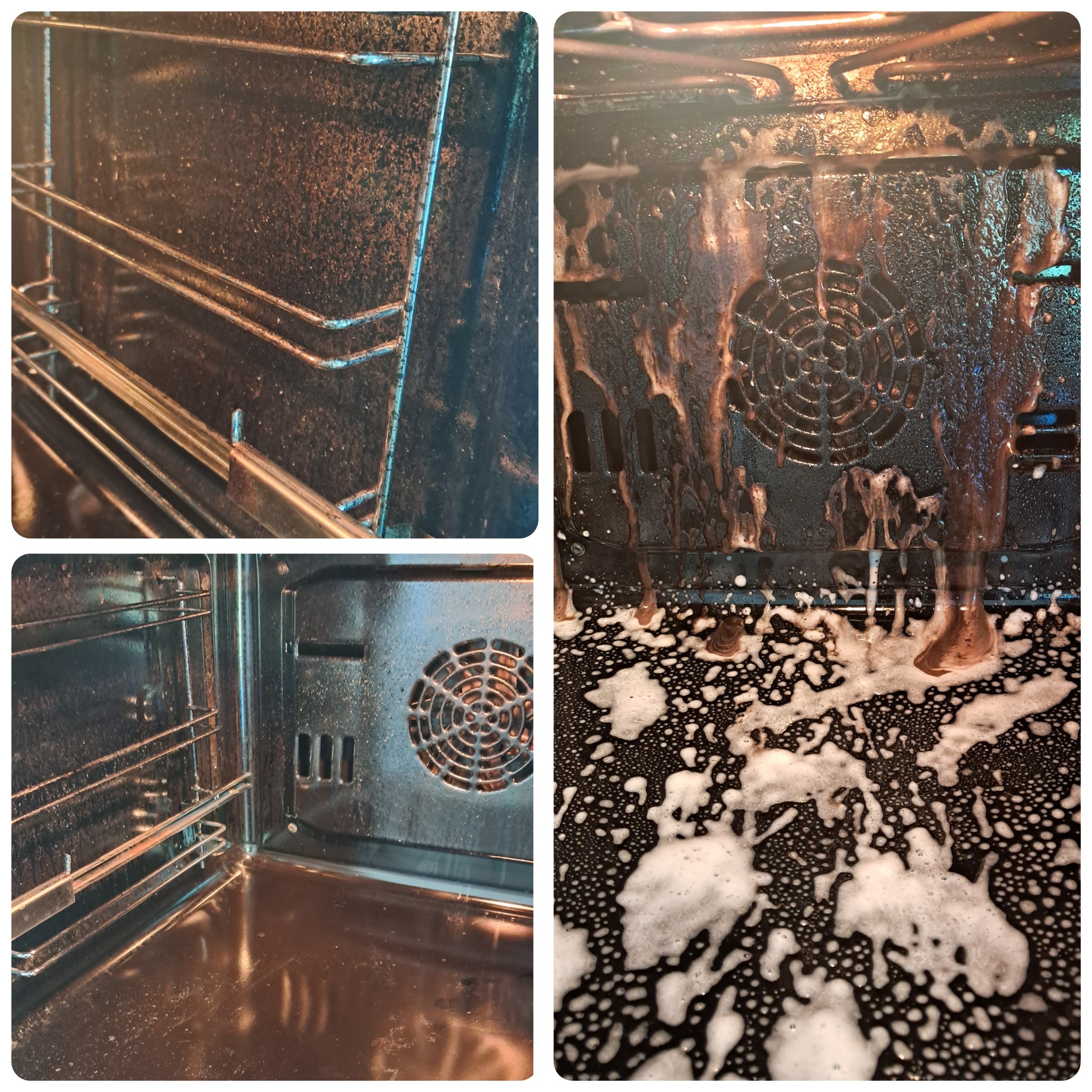 Wnętrze brudnego piekarnika z przypalonym tłuszczem i resztkami jedzenia, częściowo pokryte pianą czyszczącą.