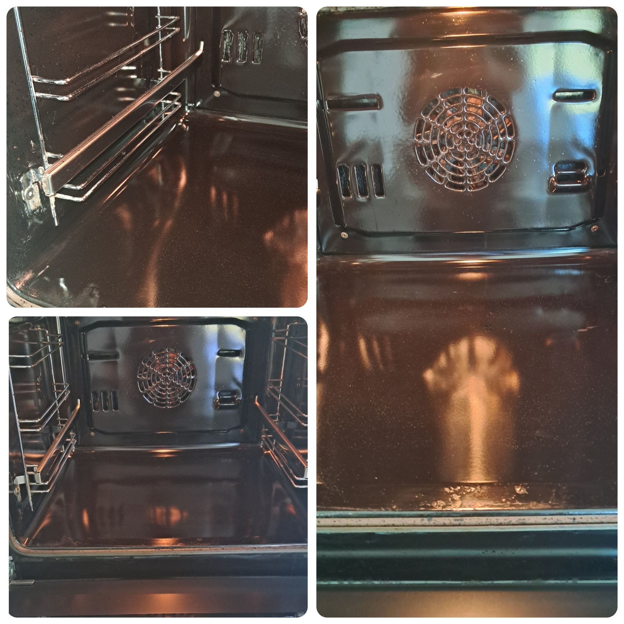 Wnętrze brudnego piekarnika z widocznymi resztkami jedzenia i tłuszczu na ściankach oraz ruszcie, pokazane w formie kolażu z różnych ujęć.