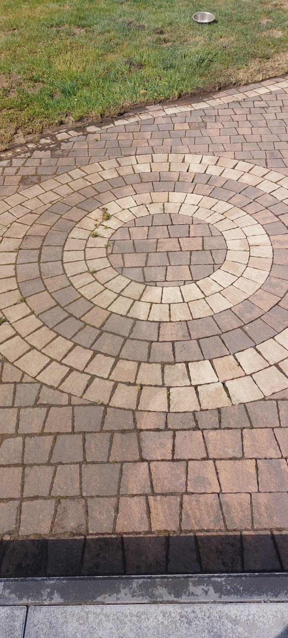 Ułożona z kostki brukowej powierzchnia w kształcie koła, z fragmentami trawy i miską widoczną w tle.