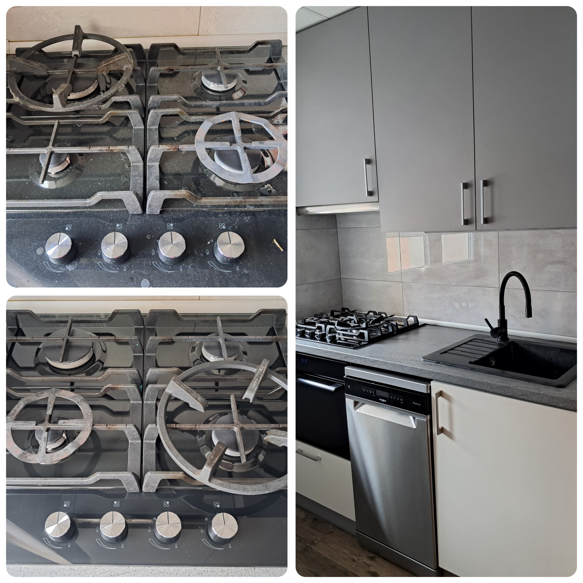 Kolaż zdjęć przedstawiający kuchenkę gazową przed i po czyszczeniu, z widoczną różnicą w czystości rusztów i powierzchni płyty, oraz fragment wyremontowanej kuchni z szarymi szafkami i czarnym zlewem.