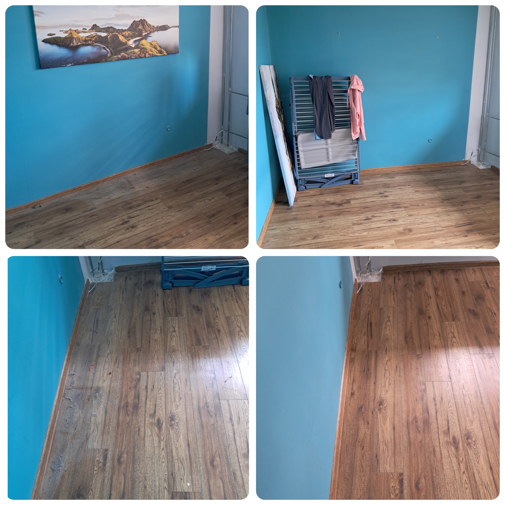 Cztery kadry: pokój z turkusowymi ścianami i panelami podłogowymi, widok przed i po czyszczeniu podłogi, suszarka na ubrania w rogu, obraz z górskim krajobrazem na ścianie.