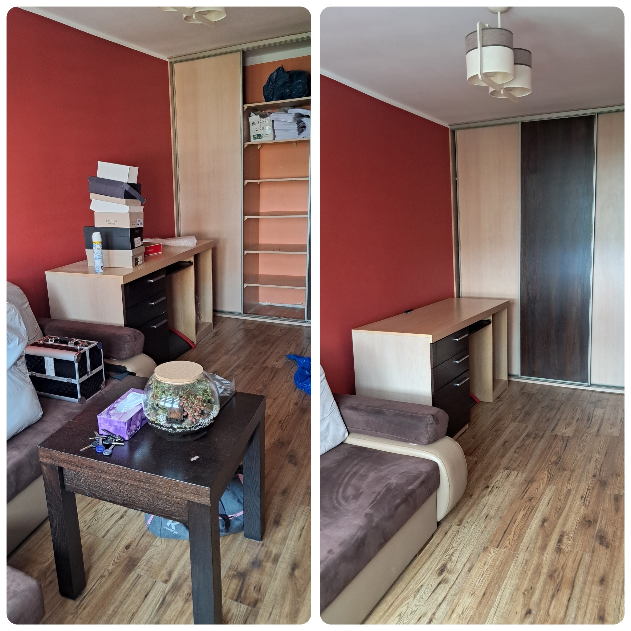 Porównanie pokoju przed i po: bałagan z pudełkami i kosmetyczką kontra uporządkowana przestrzeń z czystą podłogą i zamkniętą szafą.