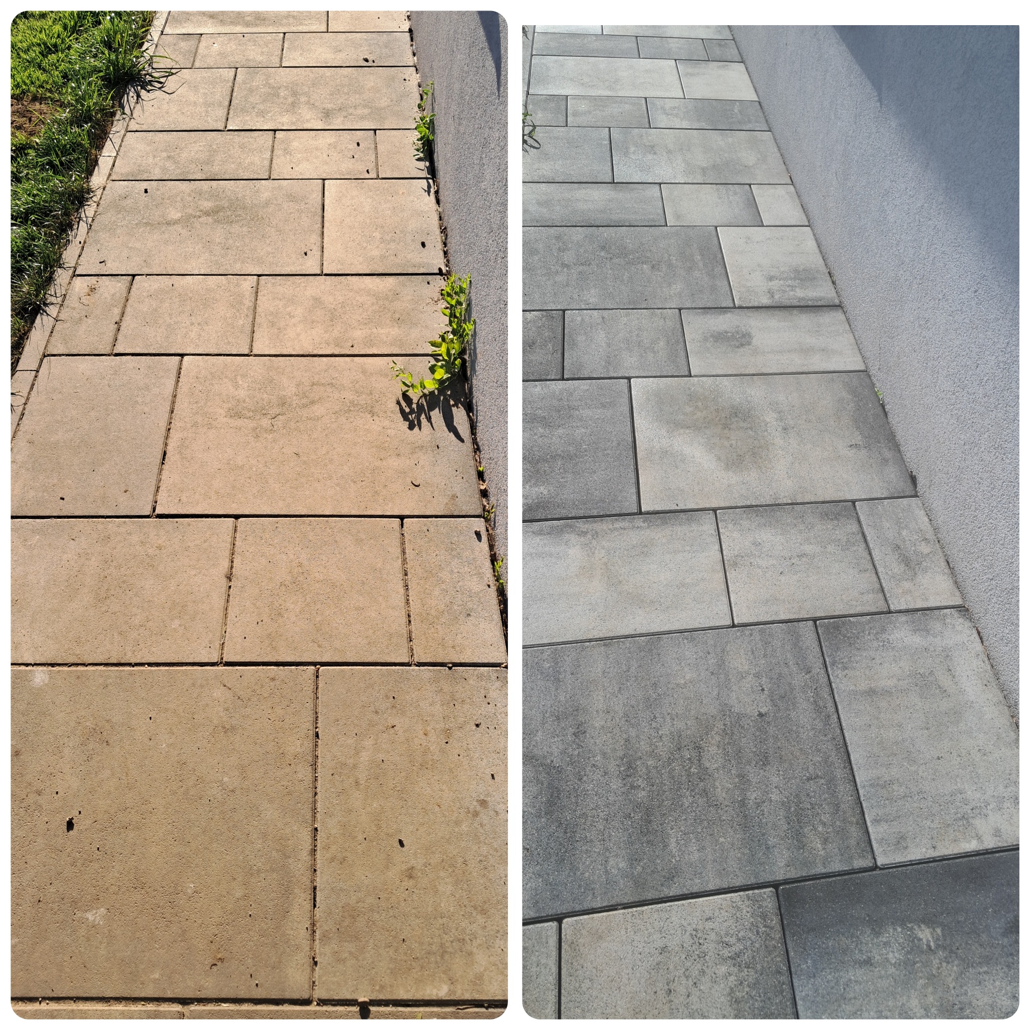 Porównanie stanu kostki brukowej przed i po czyszczeniu: po lewej stronie zabrudzona, beżowa kostka z chwastami, po prawej wyczyszczona, szara kostka przylegająca do ściany budynku.