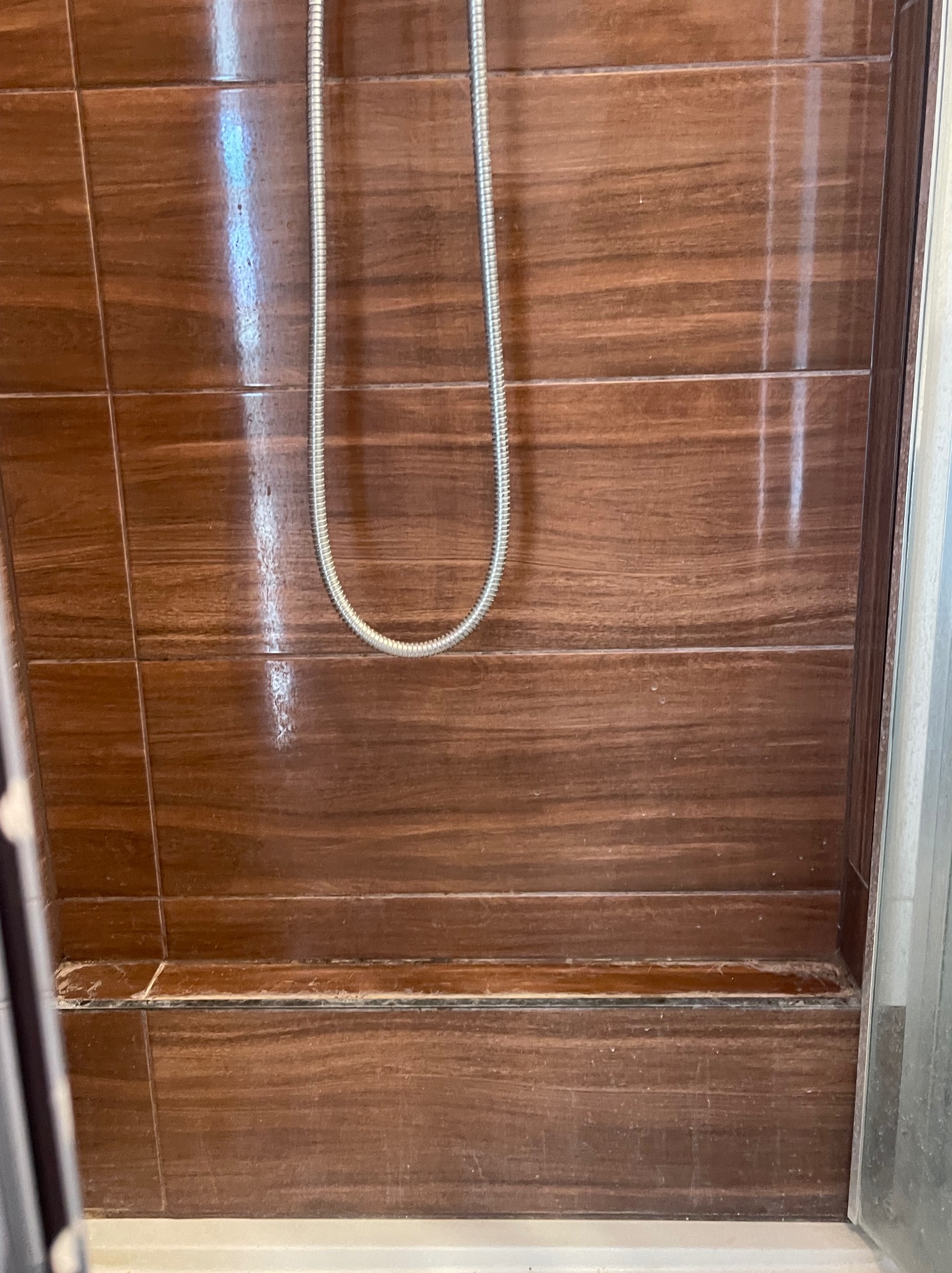 Brązowe, błyszczące płytki w kabinie prysznicowej z widocznymi śladami użytkowania i osadami w fugach oraz na listwie przypodłogowej. W tle wąż prysznicowy.