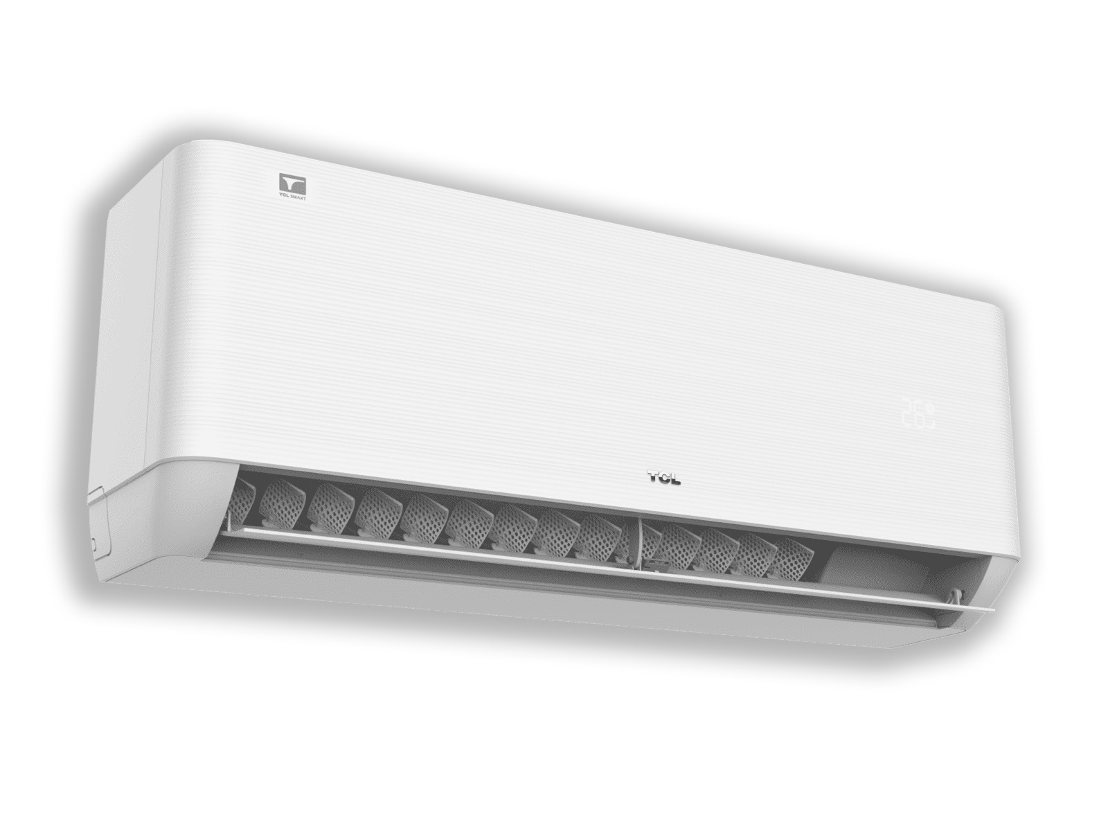 Biała jednostka wewnętrzna klimatyzacji TCL OCARINA TPG31 na białym tle, widoczne detale panelu przedniego i logo TCL.