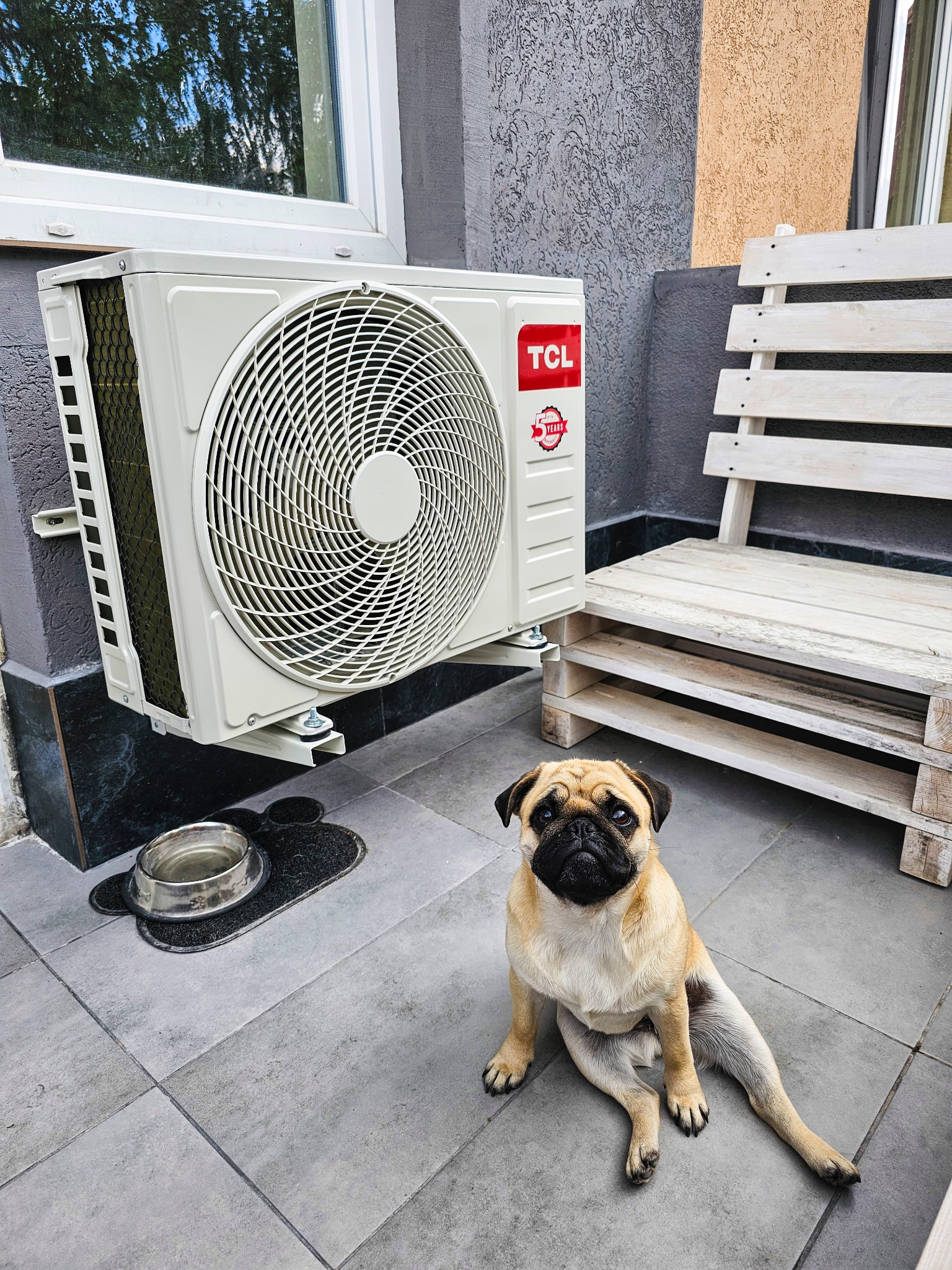 Zewnętrzna jednostka klimatyzacji TCL zamontowana na szarej ścianie obok okna, obok stoi drewniana ławka z palet, a na pierwszym planie siedzi mops.