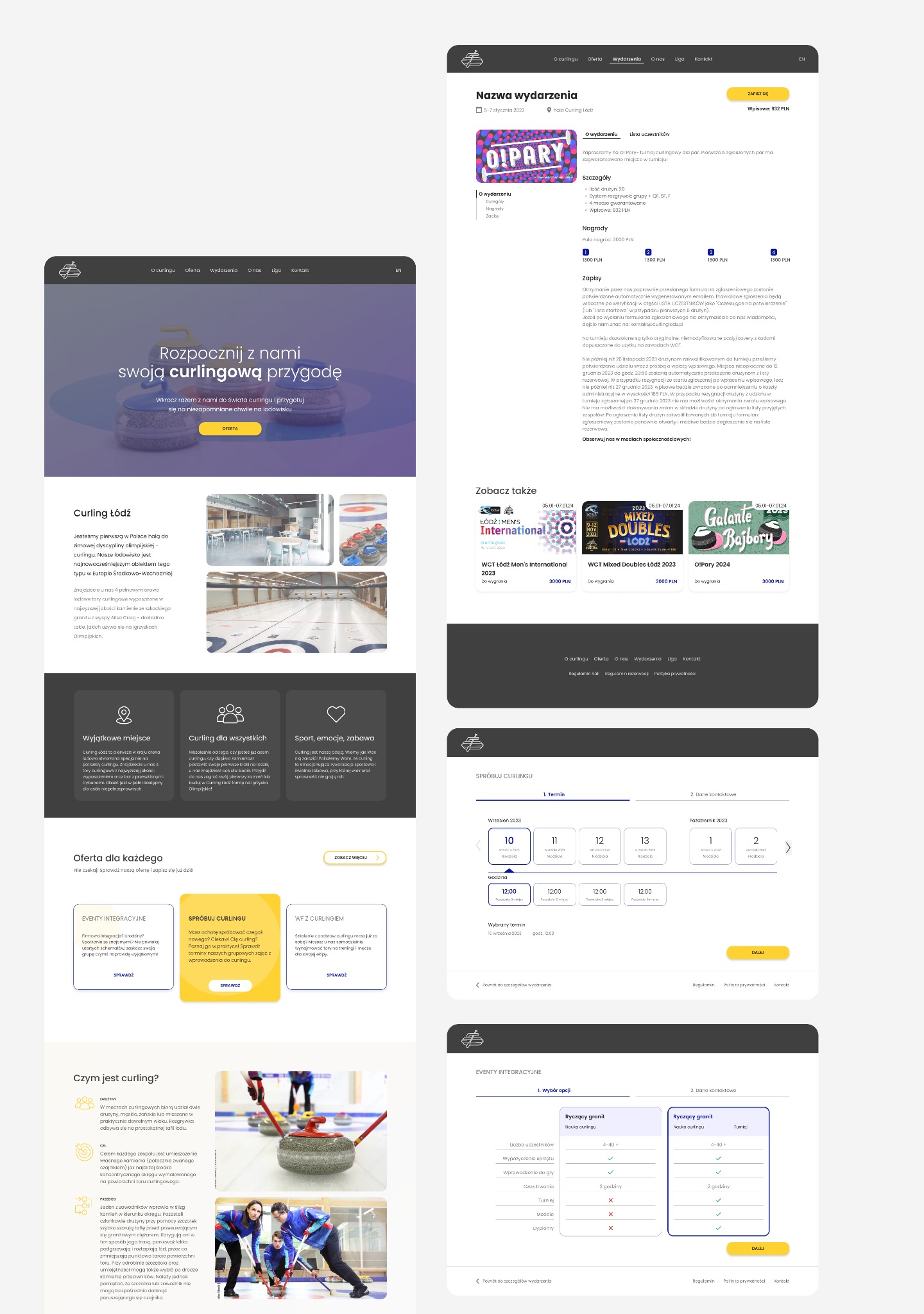 Responsywna strona internetowa toru do curlingu z możliwością rezerwacji toru, zajęć i organizacji eventów, zawiera formularz kontaktowy oraz kalendarz wyboru terminu.