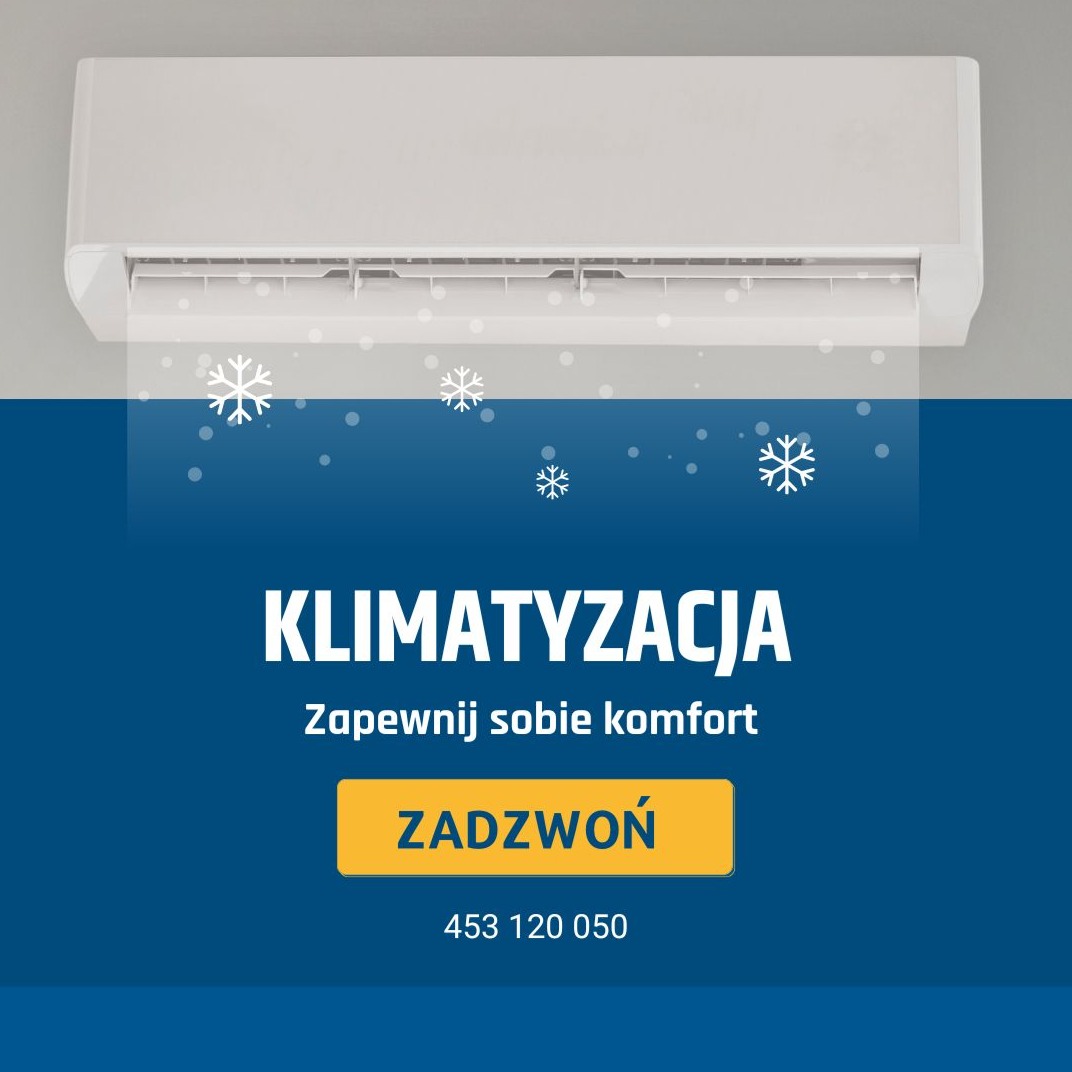Grafika reklamowa klimatyzacji: biały klimatyzator ścienny, śnieżynki, napis 'KLIMATYZACJA', 'Zapewnij sobie komfort' oraz przycisk 'ZADZWOŃ' z numerem telefonu.