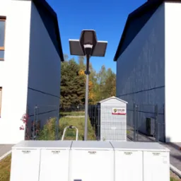 Zewnętrzna szafa elektryczna Inco Bex z ostrzeżeniami, na tle lampy solarnej z panelem fotowoltaicznym, budynku i budki Solid Security