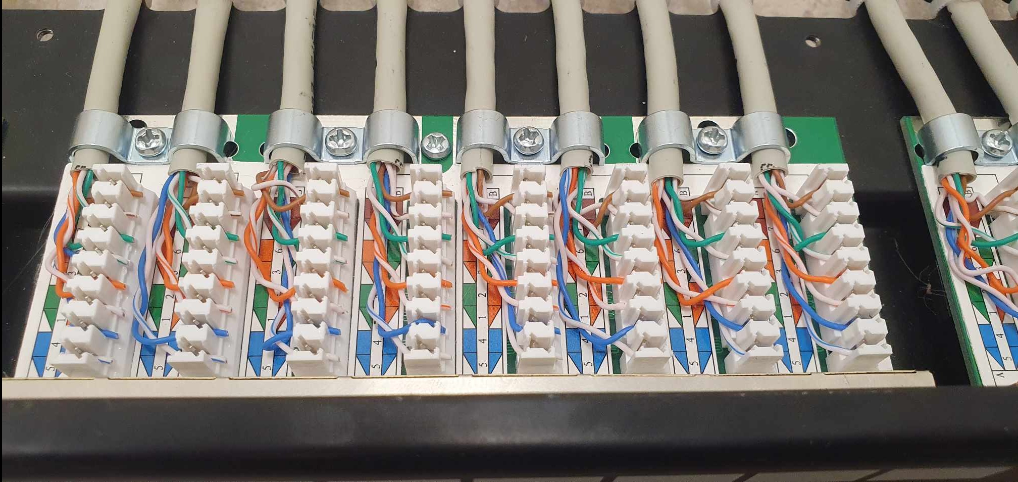 Zakończone kable sieciowe w panelu krosowym, z precyzyjnie ułożonymi kolorowymi żyłami. Widoczne metalowe uchwyty mocujące kable. Estetyczne i profesjonalne wykonanie.