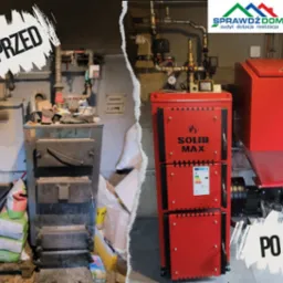 Porównanie kotła węglowego przed i po wymianie na nowy model Solid Max, widoczne różnice w czystości, efektywności i nowoczesności instalacji grzewczej.