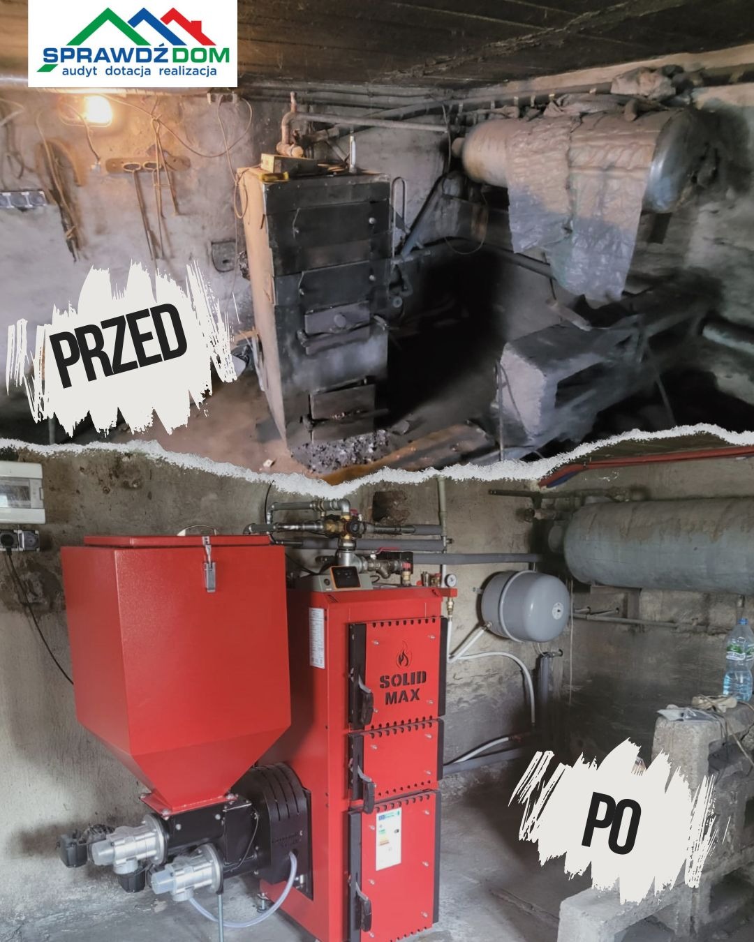 Porównanie kotłowni: stary, zardzewiały piec węglowy 'przed' wymianą i nowy, czerwony piec na pellet 'po' modernizacji, widoczne rury i zbiorniki wyrównawcze.