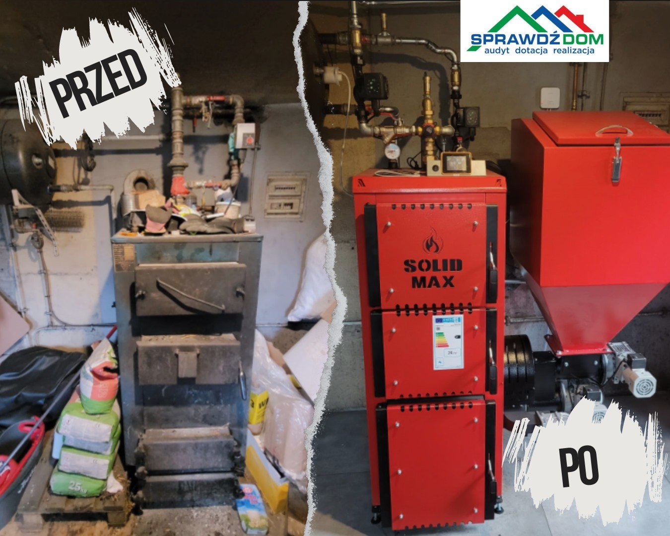 Porównanie kotła węglowego przed i po wymianie na nowy model Solid Max, widoczne różnice w czystości, efektywności i nowoczesności instalacji grzewczej.