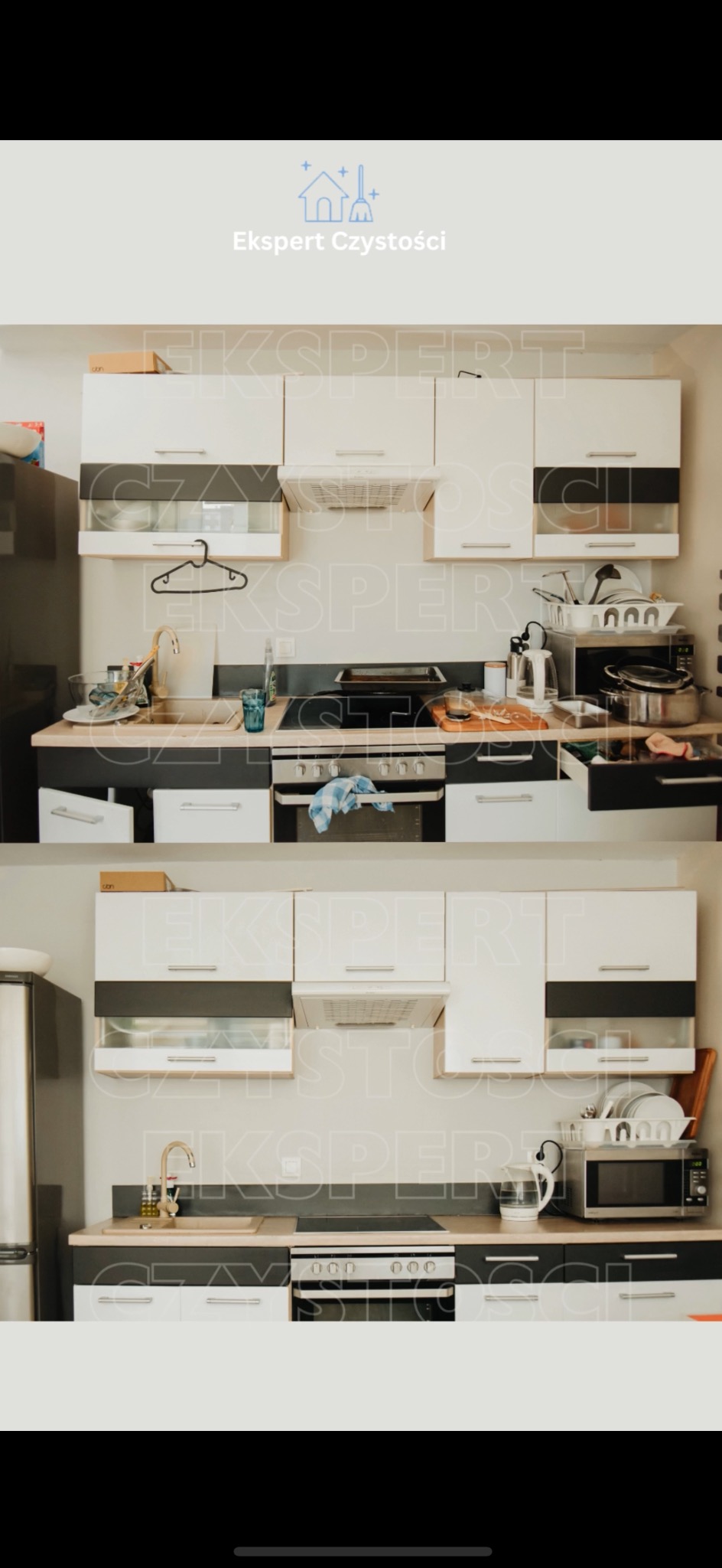 Dwa ujęcia tej samej kuchni przed i po sprzątaniu: na górnym ujęciu zlewozmywak pełen naczyń, na dolnym ujęciu naczynia umyte i poukładane w suszarce.