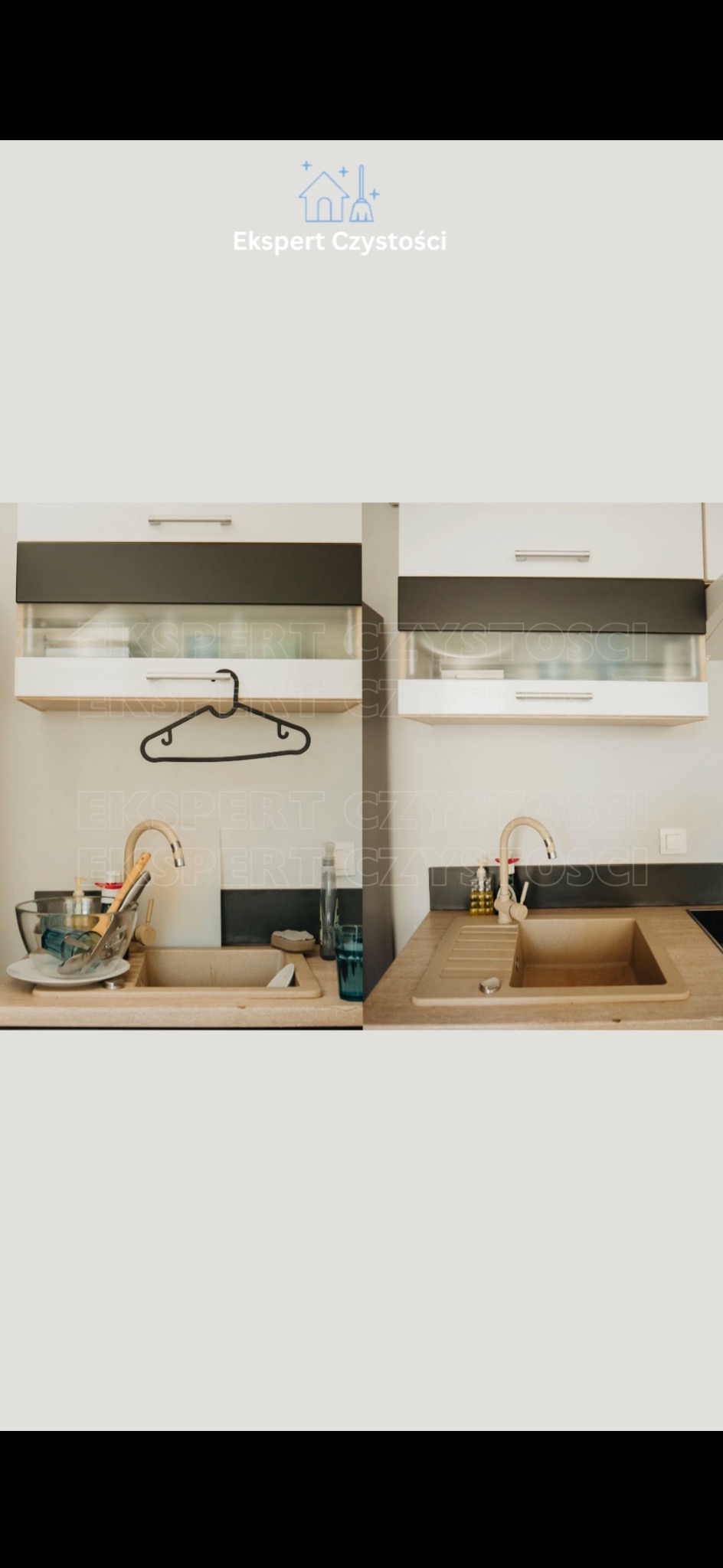 Kuchnia przed i po: po lewej naczynia w zlewie, po prawej czysty zlew, nad zlewami szafki.