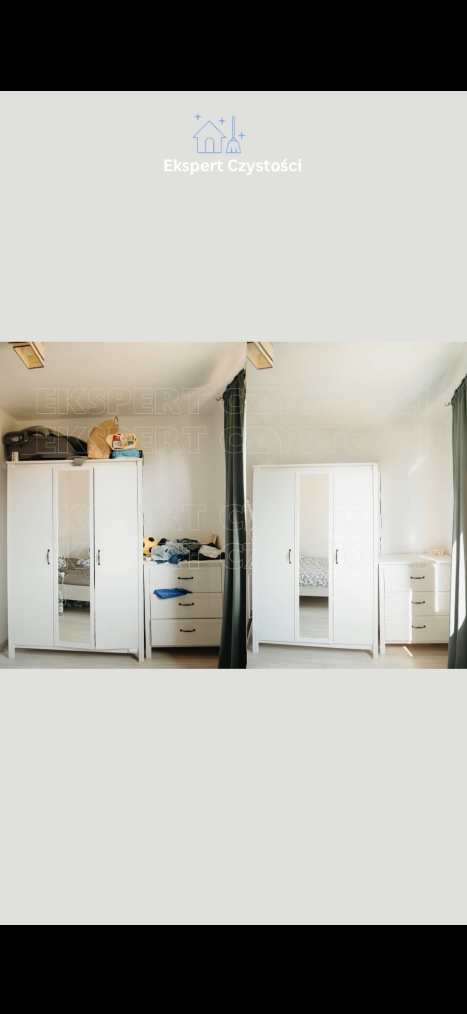 Pokój przed i po: białe meble - szafa z lustrem i komoda - po lewej stronie przed, z widocznym bałaganem na komodzie i torbami na szafie, po prawej stronie po, czyste i uporządkowane.