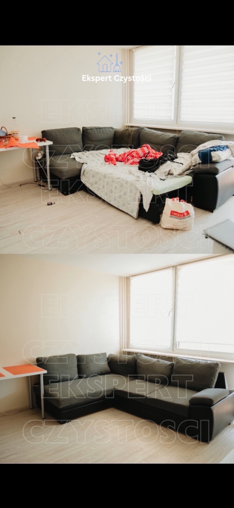 Porównanie salonu przed i po sprzątaniu: bałagan na rozłożonej sofie z ubraniami i torbą, a następnie uporządkowana, czysta sofa narożna z poduszkami.