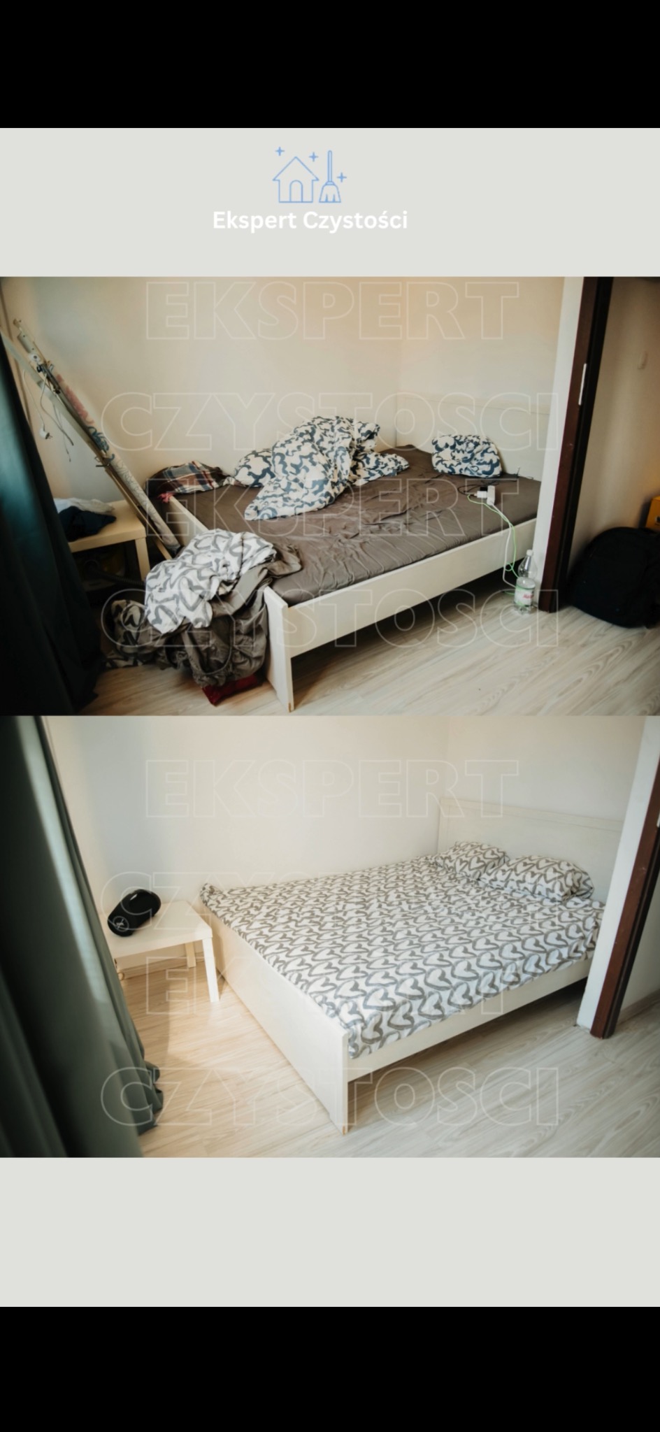 Porównanie pokoju przed i po: zagracone łóżko i podłoga kontra posłane łóżko i uporządkowana przestrzeń.