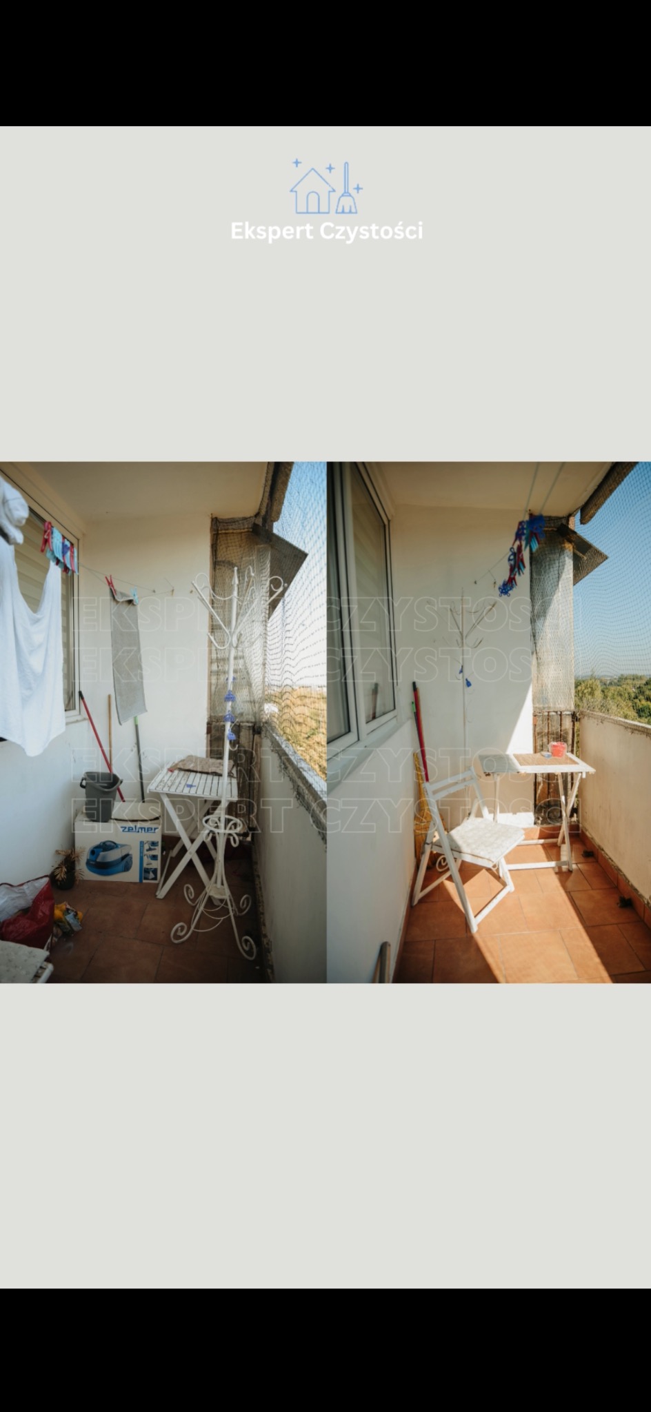 Zdjęcie balkonu podzielone na dwie części: po lewej stronie balkon przed sprzątaniem z widocznym odkurzaczem, wiadrem i suszarką na ubrania, po prawej stronie balkon po sprzątaniu z czystymi...