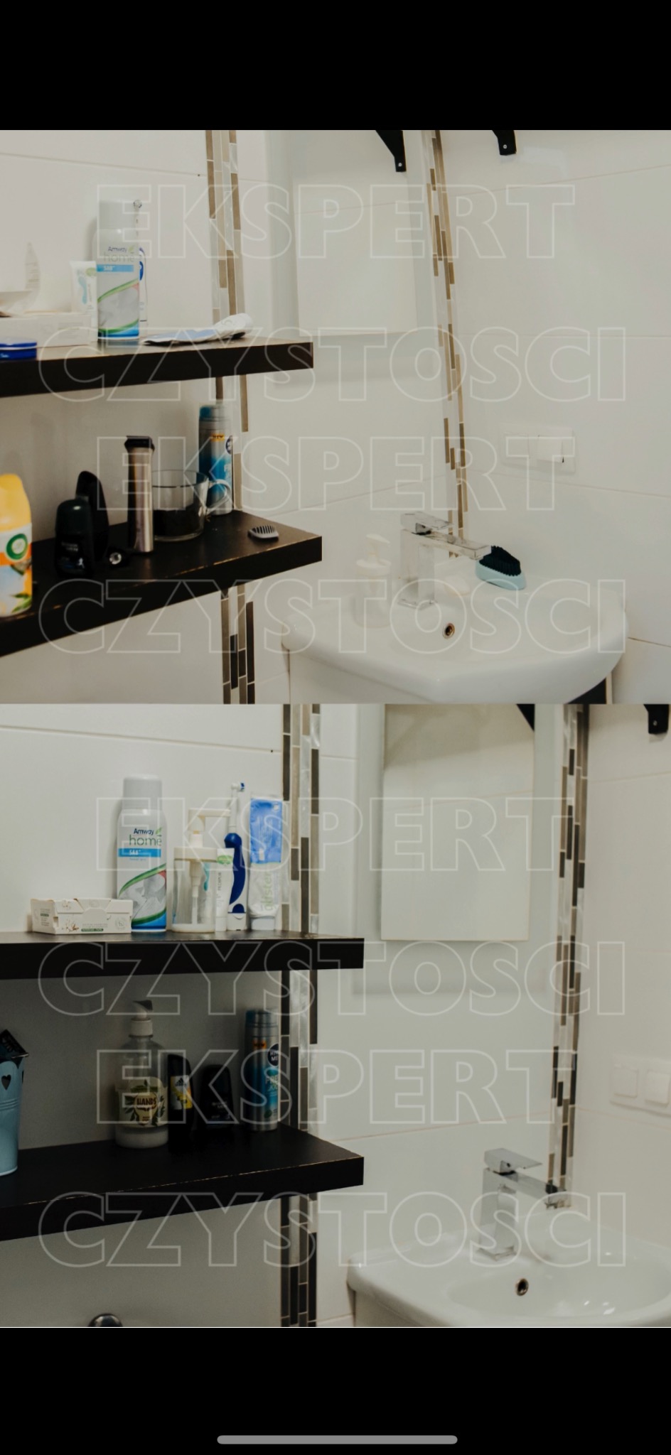 Półki z kosmetykami i środkami higieny osobistej nad umywalką w łazience z białymi płytkami i dekoracyjną mozaiką.