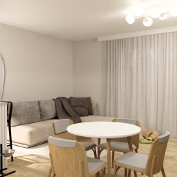 To Ten Plan - Jasne wnętrze mieszkania z okrągłym stołem i krzesłami, beżową sofą z poduszkami, owalnym lustrem, lampą sufitową z kulistymi kloszami, zasłonami i roślinami doniczkowymi. W rogu widać śpiącego psa.