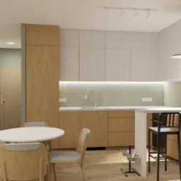 Wizualizacja nowoczesnej kuchni z drewnianymi i białymi szafkami, okrągłym stołem z krzesłami i dwoma czarnymi hokerami przy blacie. Uwagę zwraca stojak na miski dla zwierząt w rogu.