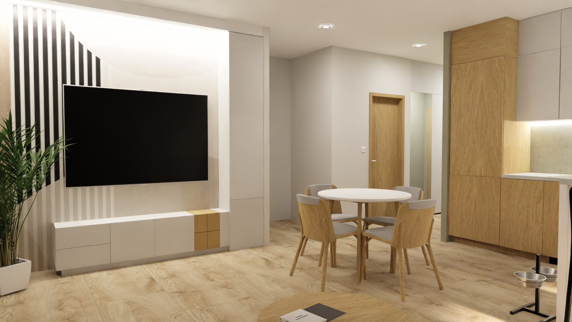 Jasne, przestronne wnętrze mieszkania z drewnianą podłogą, białymi ścianami z czarnymi pasami za telewizorem, białymi meblami RTV, okrągłym stołem z czterema krzesłami i drewnianymi szafkami...