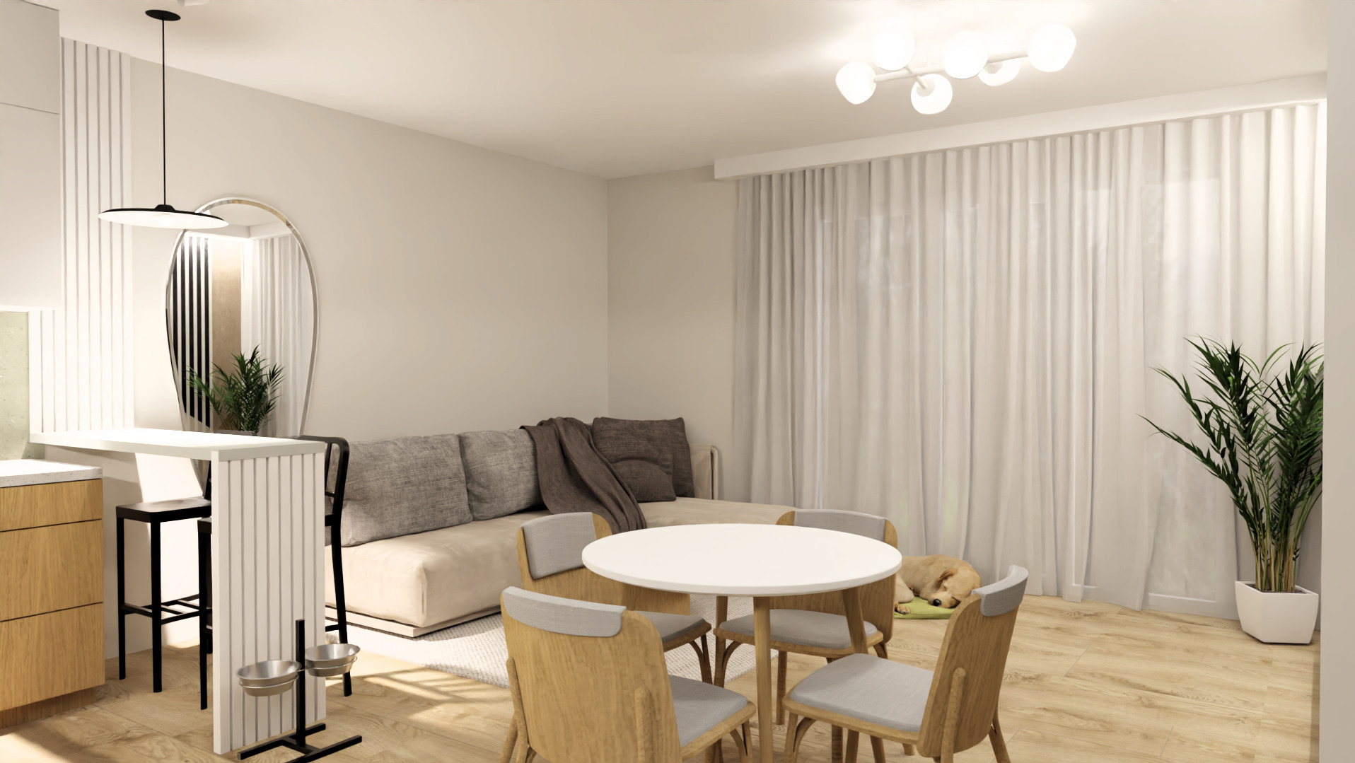 Jasne wnętrze mieszkania z okrągłym stołem i krzesłami, beżową sofą z poduszkami, owalnym lustrem, lampą sufitową z kulistymi kloszami, zasłonami i roślinami doniczkowymi. W rogu widać śpiącego psa.