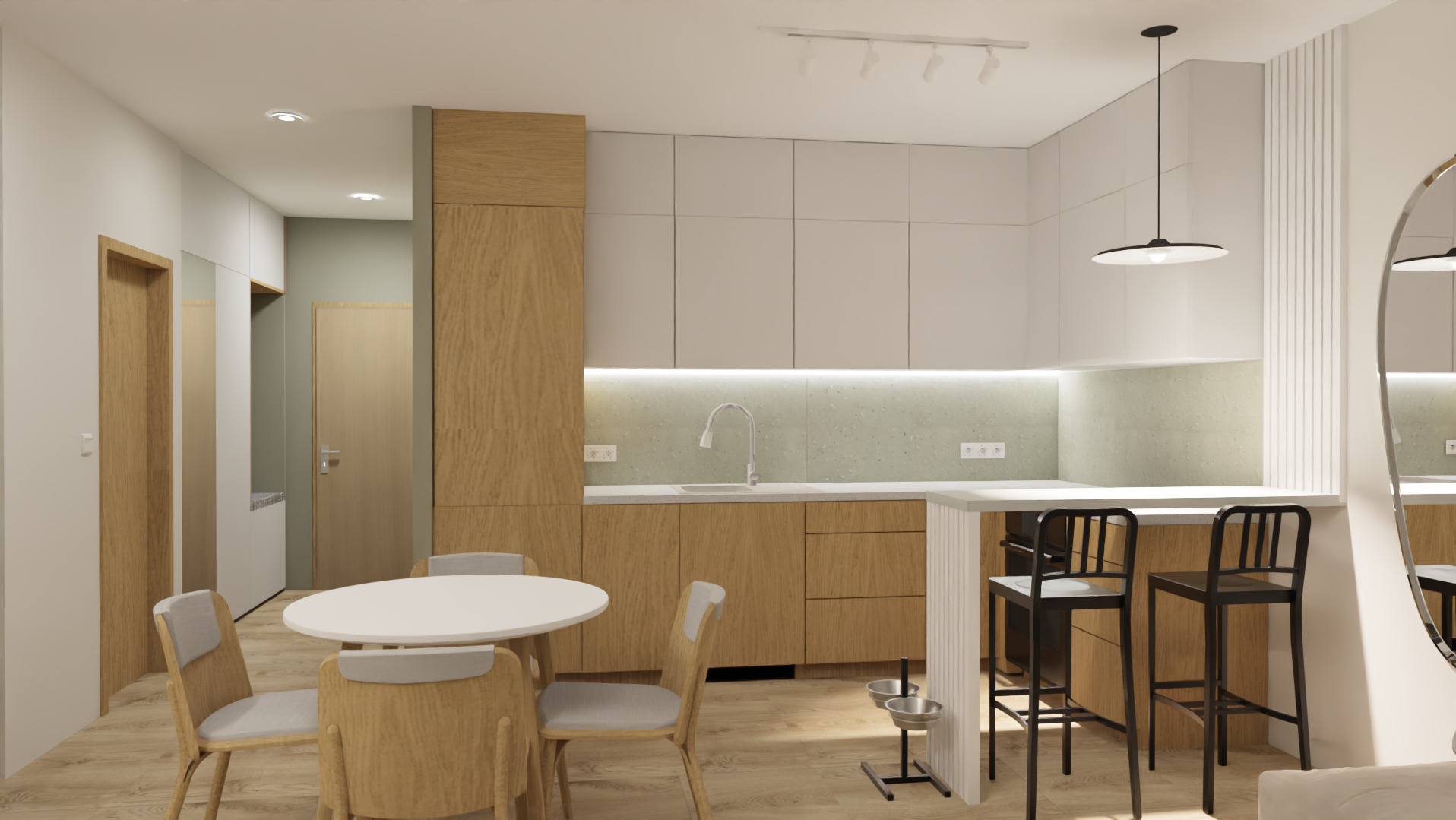 Wizualizacja nowoczesnej kuchni z drewnianymi i białymi szafkami, okrągłym stołem z krzesłami i dwoma czarnymi hokerami przy blacie. Uwagę zwraca stojak na miski dla zwierząt w rogu.