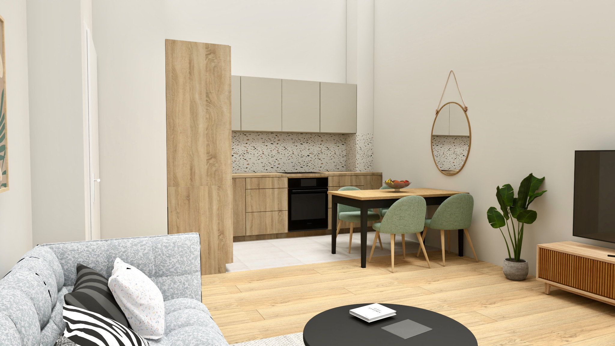 Wizualizacja wnętrza mieszkania z aneksem kuchennym, drewnianymi meblami, okrągłym lustrem i rośliną doniczkową, ukazująca spójny projekt aranżacji.
