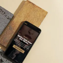 Smartfon wyświetlający stronę internetową studia tatuażu BlackInk z Warszawy, otoczony dekoracyjnymi płytkami z szarego i żółtego kamienia na beżowym tle.