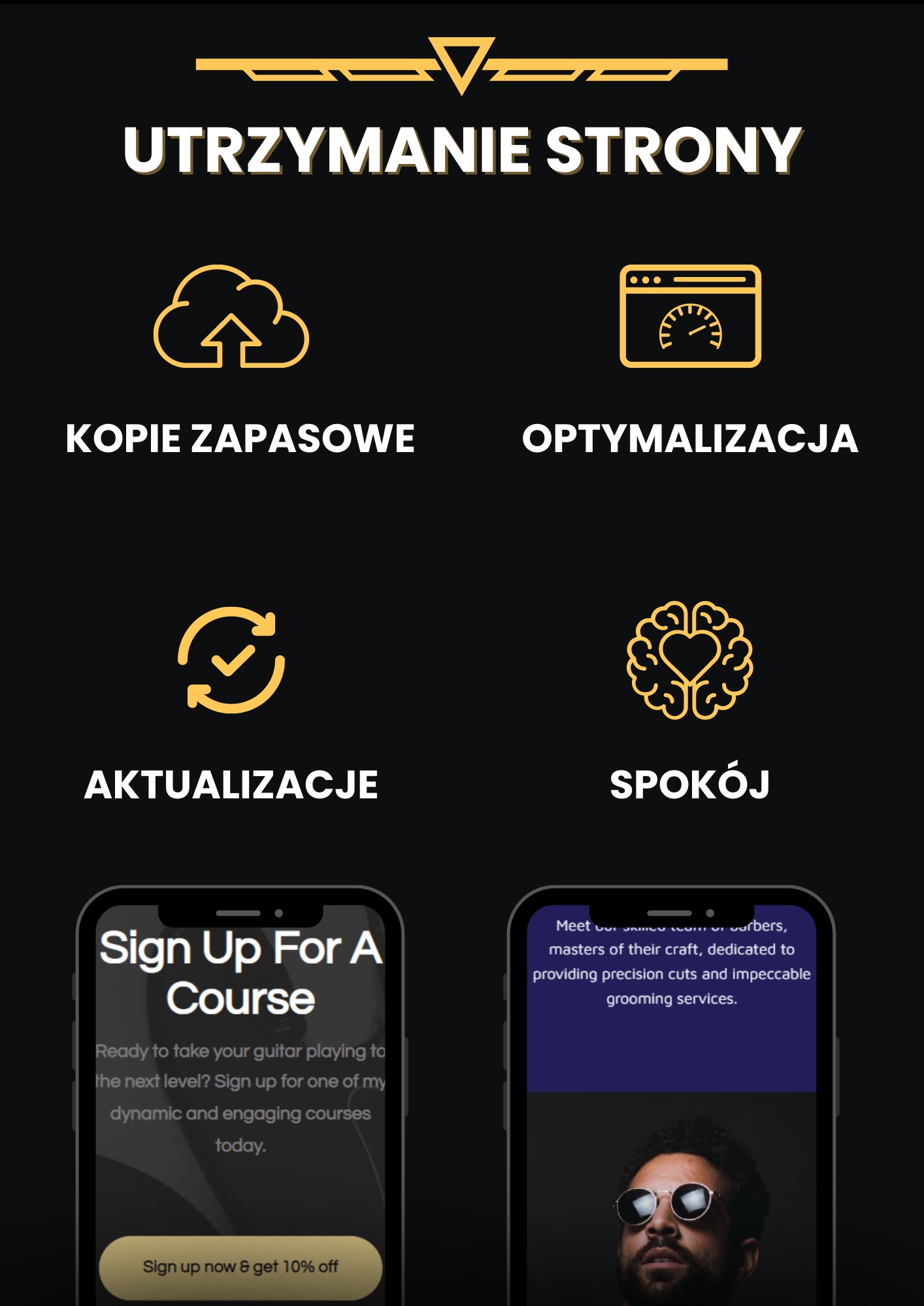 Grafika informacyjna przedstawiająca usługi utrzymania strony internetowej, obejmujące kopie zapasowe, optymalizację, aktualizacje i zapewnienie spokoju, z wykorzystaniem ikon na czarnym tle...