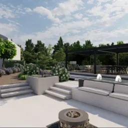 Wizualizacja nowoczesnego ogrodu z minimalistyczną pergolą, fontanną z oświetleniem, paleniskiem i strefą wypoczynkową z białymi sofami.