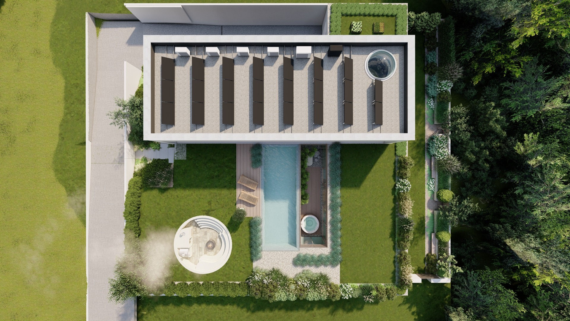 Widok z lotu ptaka na nowoczesny ogród z basenem, jacuzzi, leżakami na dachu budynku i starannie utrzymanym trawnikiem.