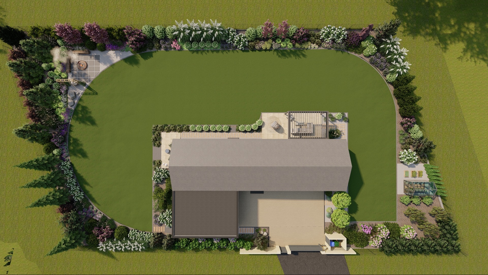 Widok z góry na wizualizację projektu zagospodarowania terenu wokół domu z dużym trawnikiem, rabatami kwiatowymi, ścieżką z paleniskiem i altaną.