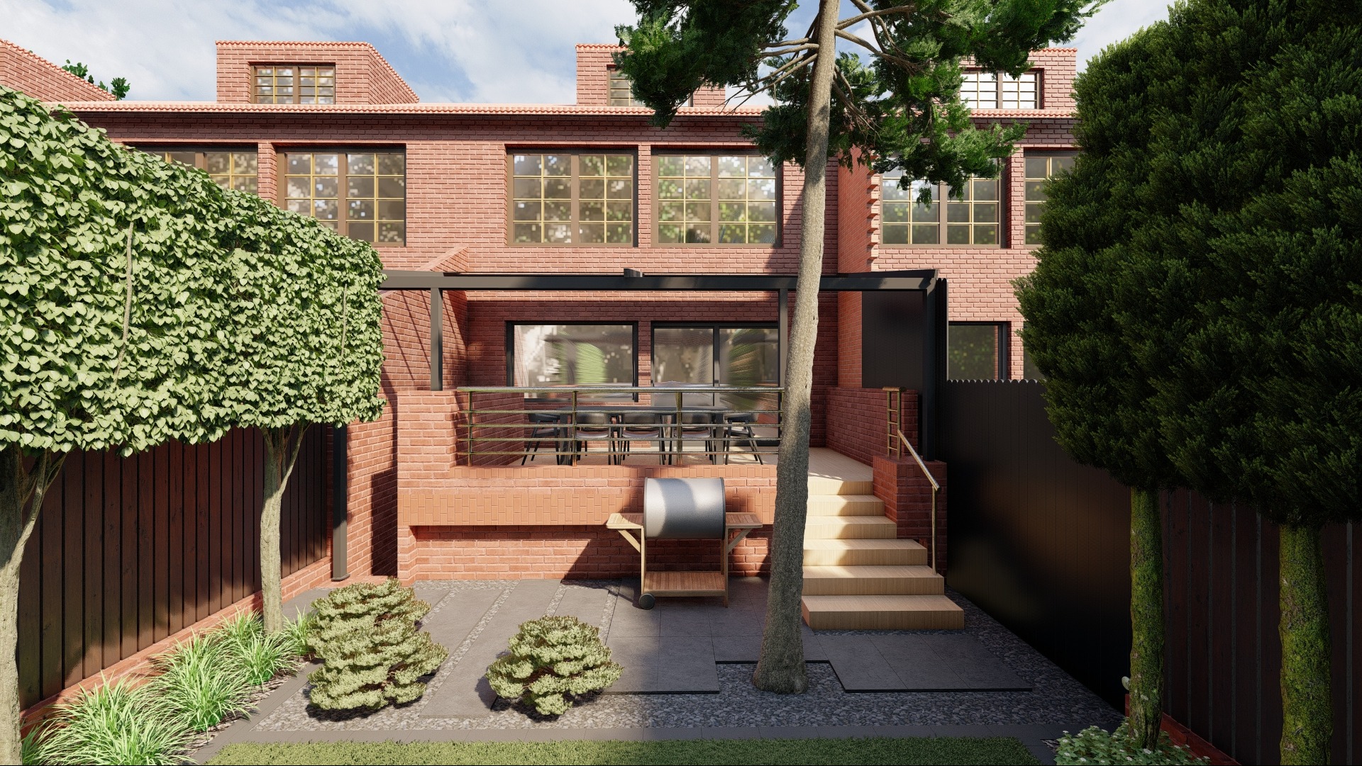 Taras z cegły z grillem, schodami i roślinnością, widok na dwupiętrowy budynek z cegły w tle.