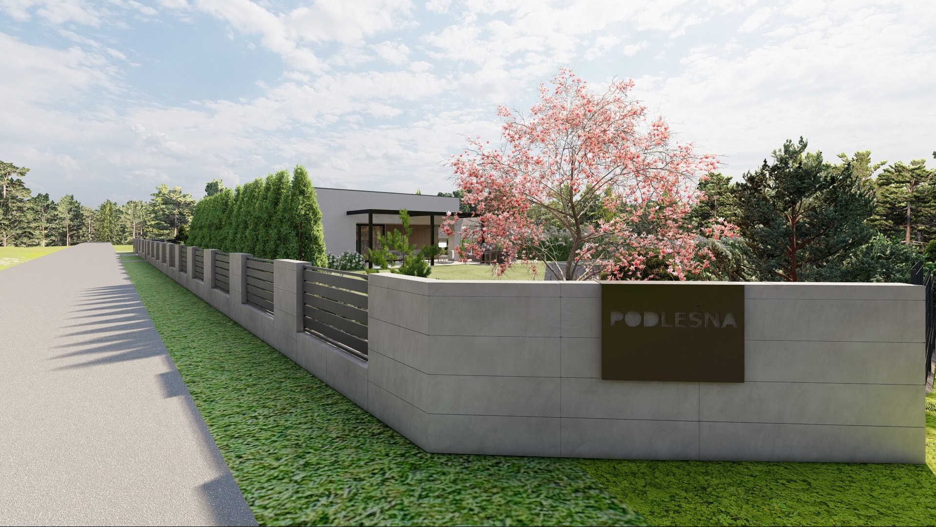 Wizualizacja domu jednorodzinnego z nowoczesnym ogrodzeniem z szarego betonu z poziomymi przęsłami, żywopłotem i kwitnącym drzewem, tabliczka z nazwą 'Podleśna'.