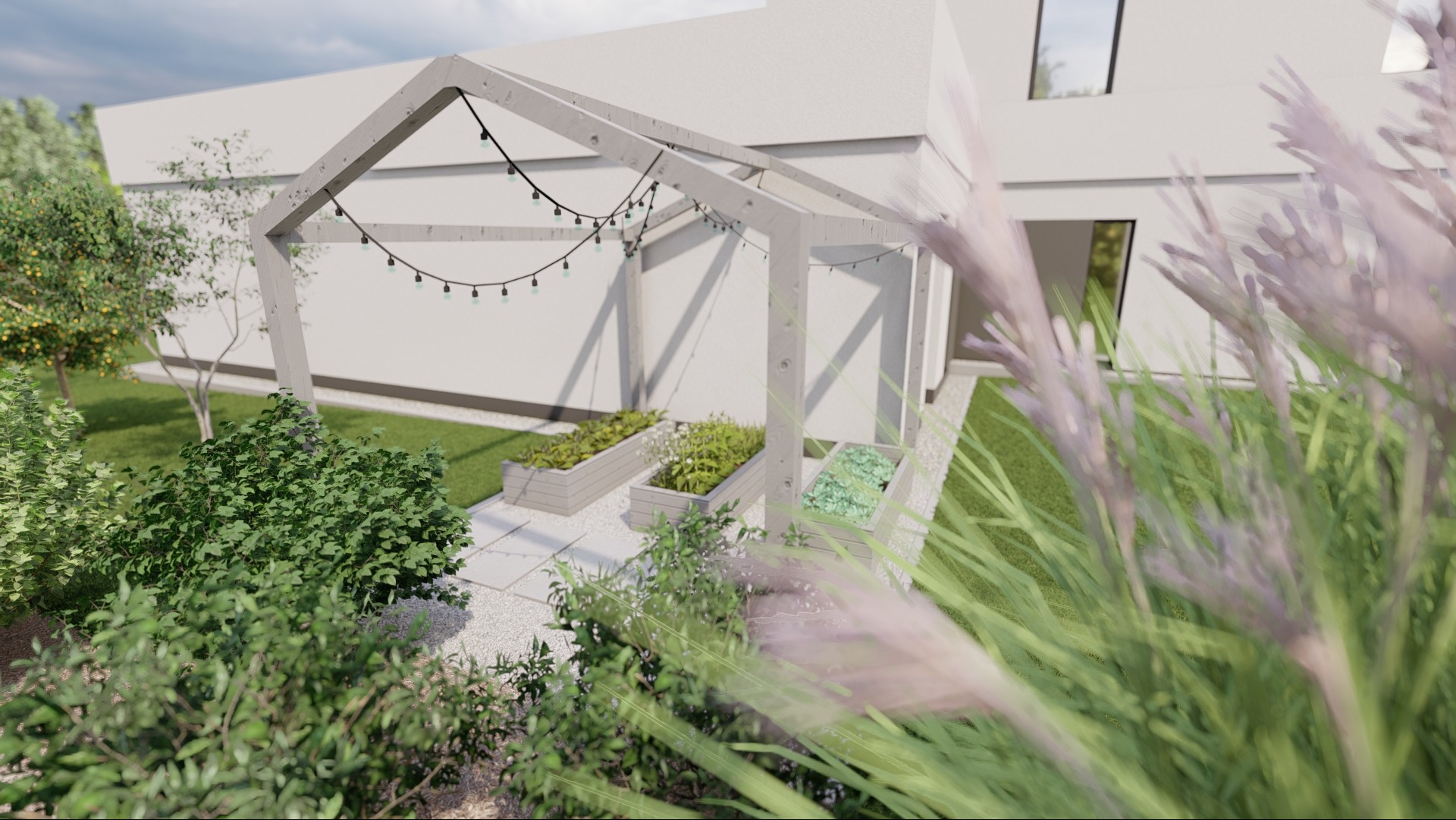 Wizualizacja ogrodu przydomowego z podwyższonymi grządkami warzywnymi, drewnianą konstrukcją z lampkami i ścieżką z białego żwiru, na tle nowoczesnego białego domu.