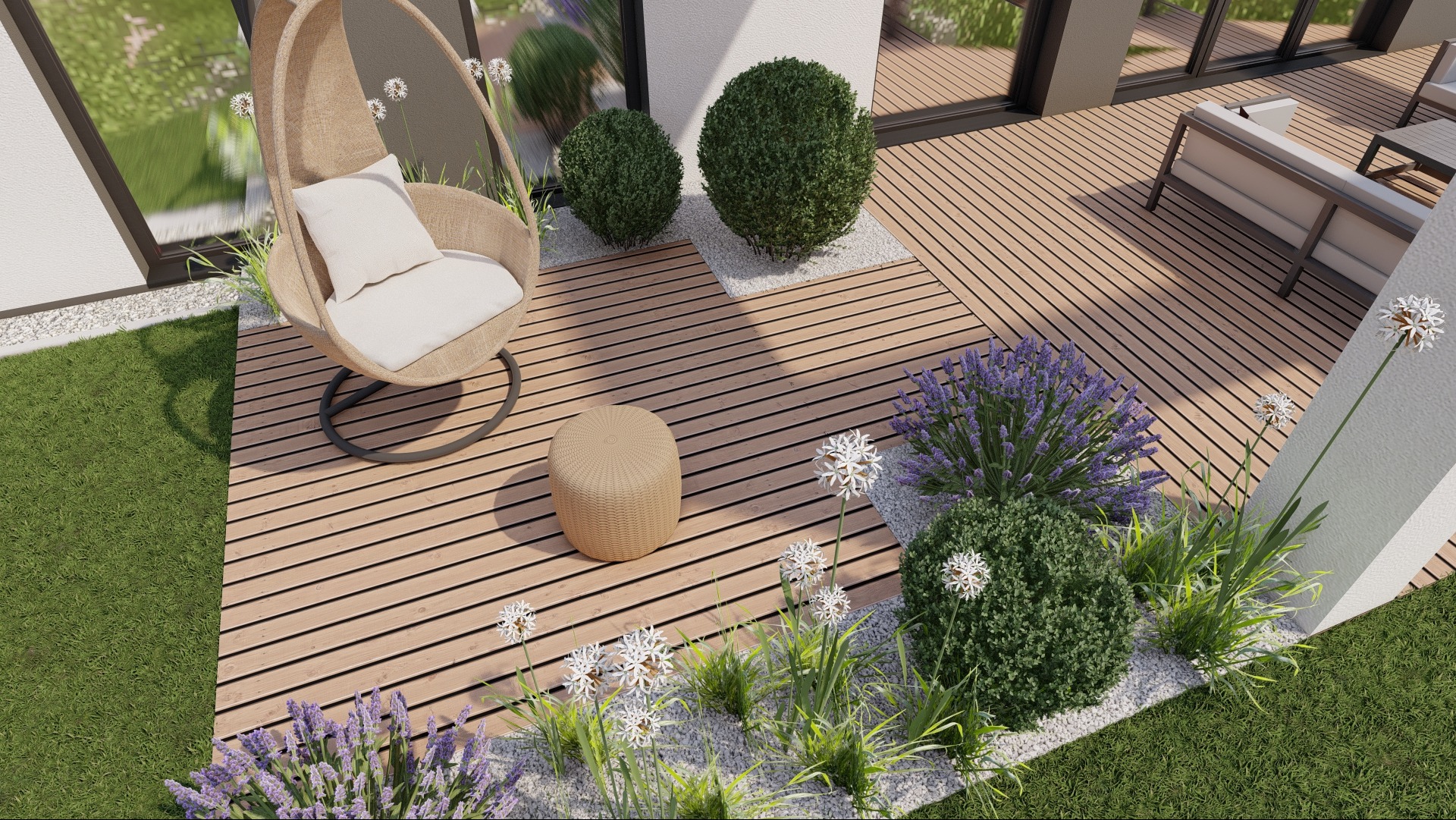 Wizualizacja tarasu z drewnianą podłogą, okrągłym fotelem wiszącym z poduszkami, pufem, kulistymi krzewami i rabatami z lawendą oraz białymi kwiatami Allium.