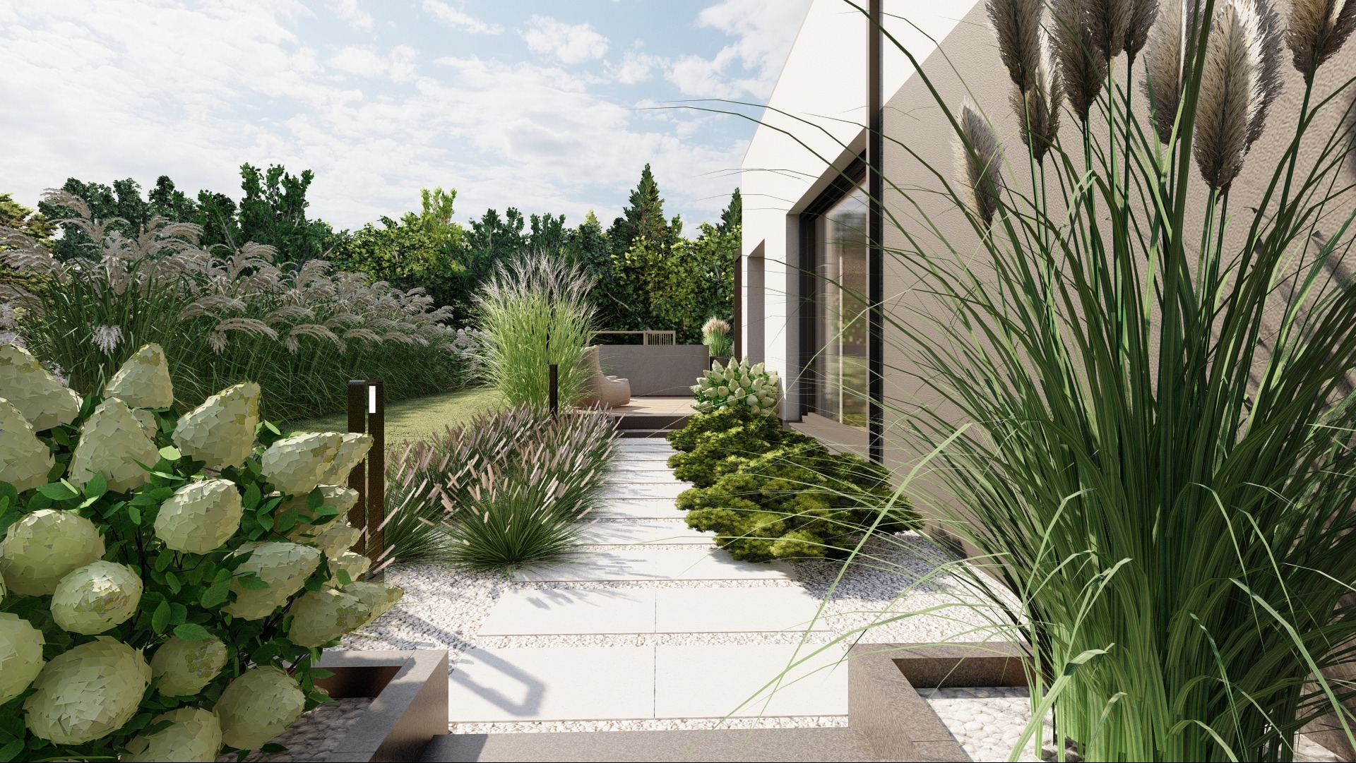 Wizualizacja ogrodu przydomowego z białymi płytami chodnikowymi, ozdobnymi trawami i hortensjami, prowadzącego do tarasu z meblami ogrodowymi.